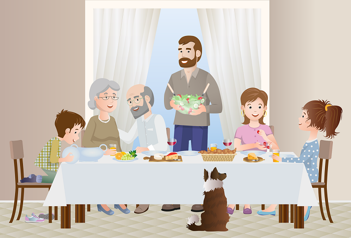imagem de um desenho de uma familia reunida em uma mesa fazendo uma refeição