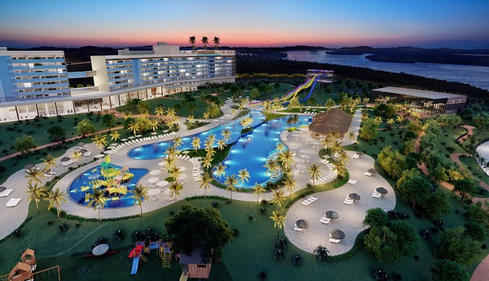 imagem aera da frente do resort tayaya porto rico mostrando as piscinas