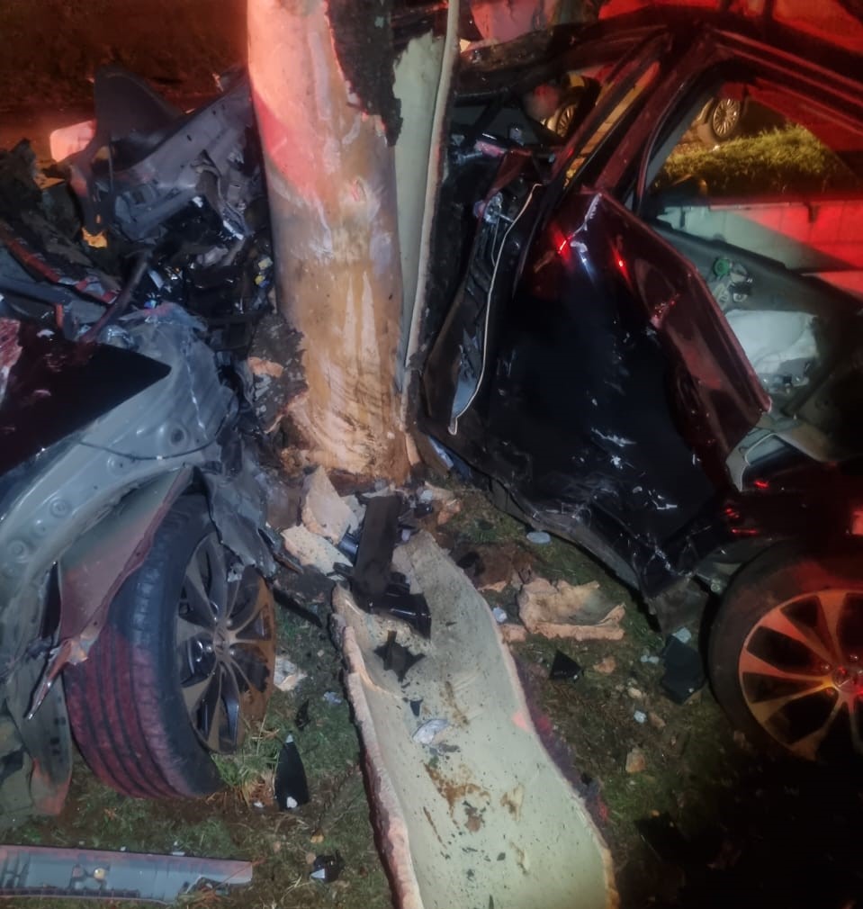 Carro ficou destruído após bater contra poste, ponto de ônibus e árvore