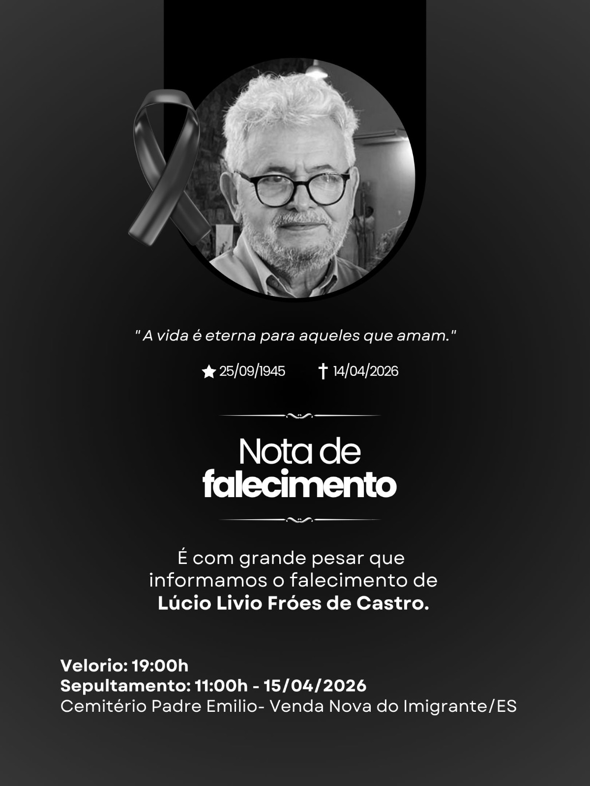 A nota de falecimento de Lúcio Lívio Fróes de Castro