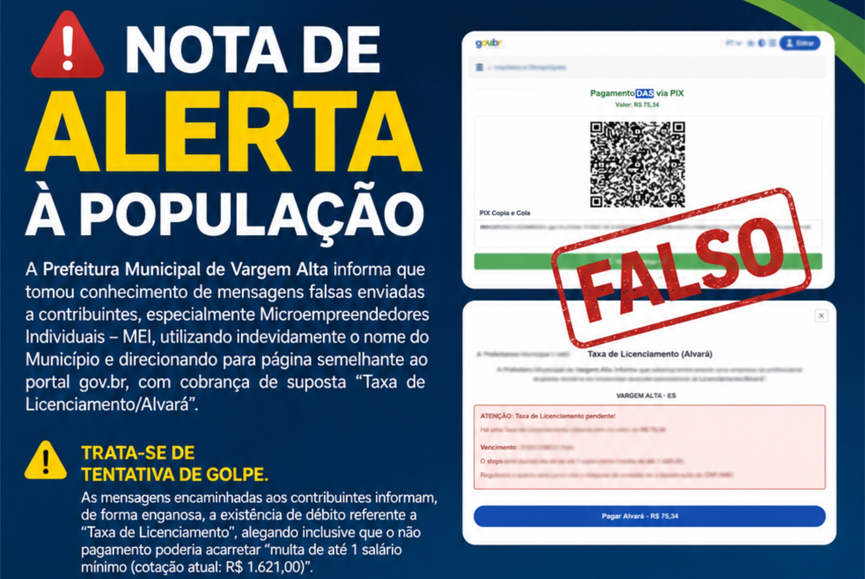 O alerta da Prefeitura de Vargem Alta publicado nas redes sociais e no seu site oficial