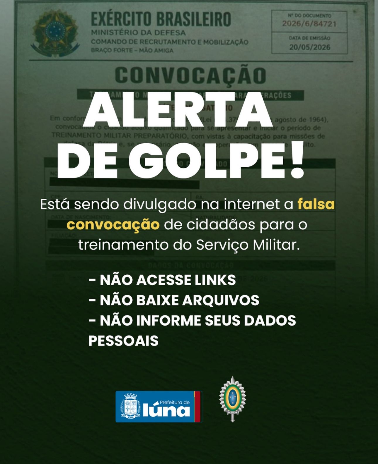 O alerta contra o golpe divulgado pela Prefeitura de Iúna