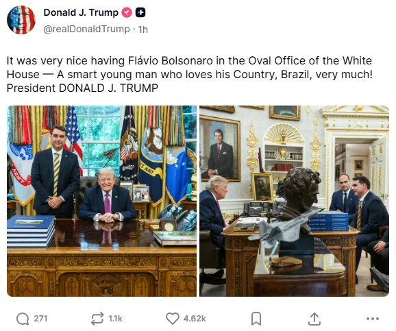 Donald Trump faz publicação com elogio a Flávio Bolsonaro em rede social