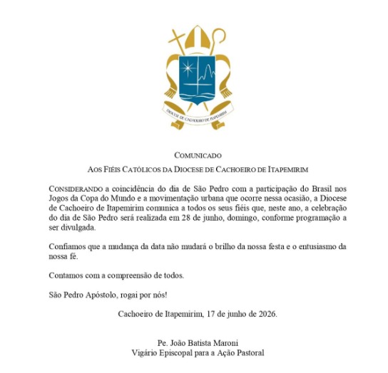 Comunicado da Diocese de Cachoeiro mudando a data da Festa de São Pedro neste ano