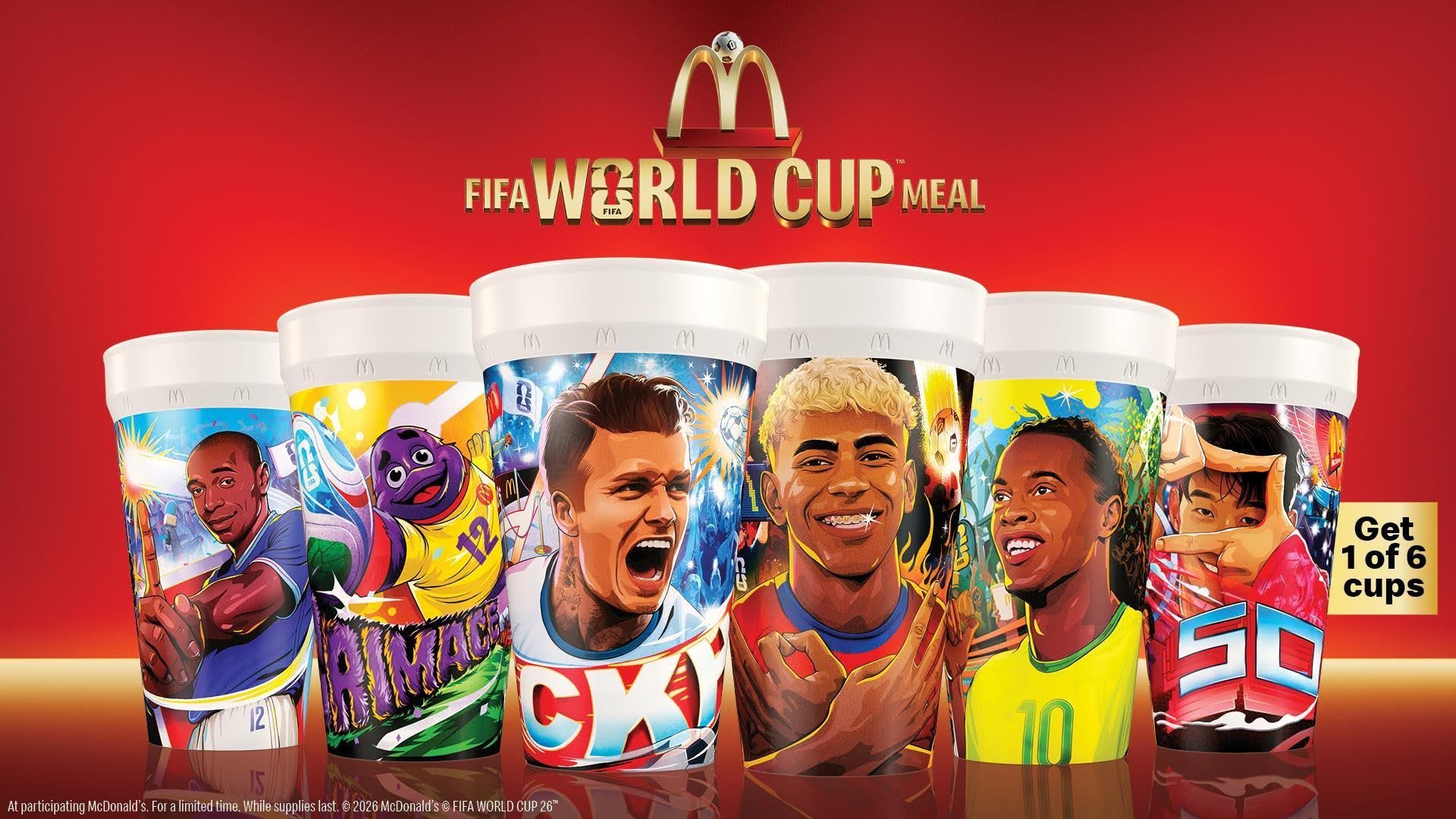 São 6 copos exclusivos estrelados por Ronaldinho Gaúcho, Beckham, Henry, Son, Yamal e o Grimace.