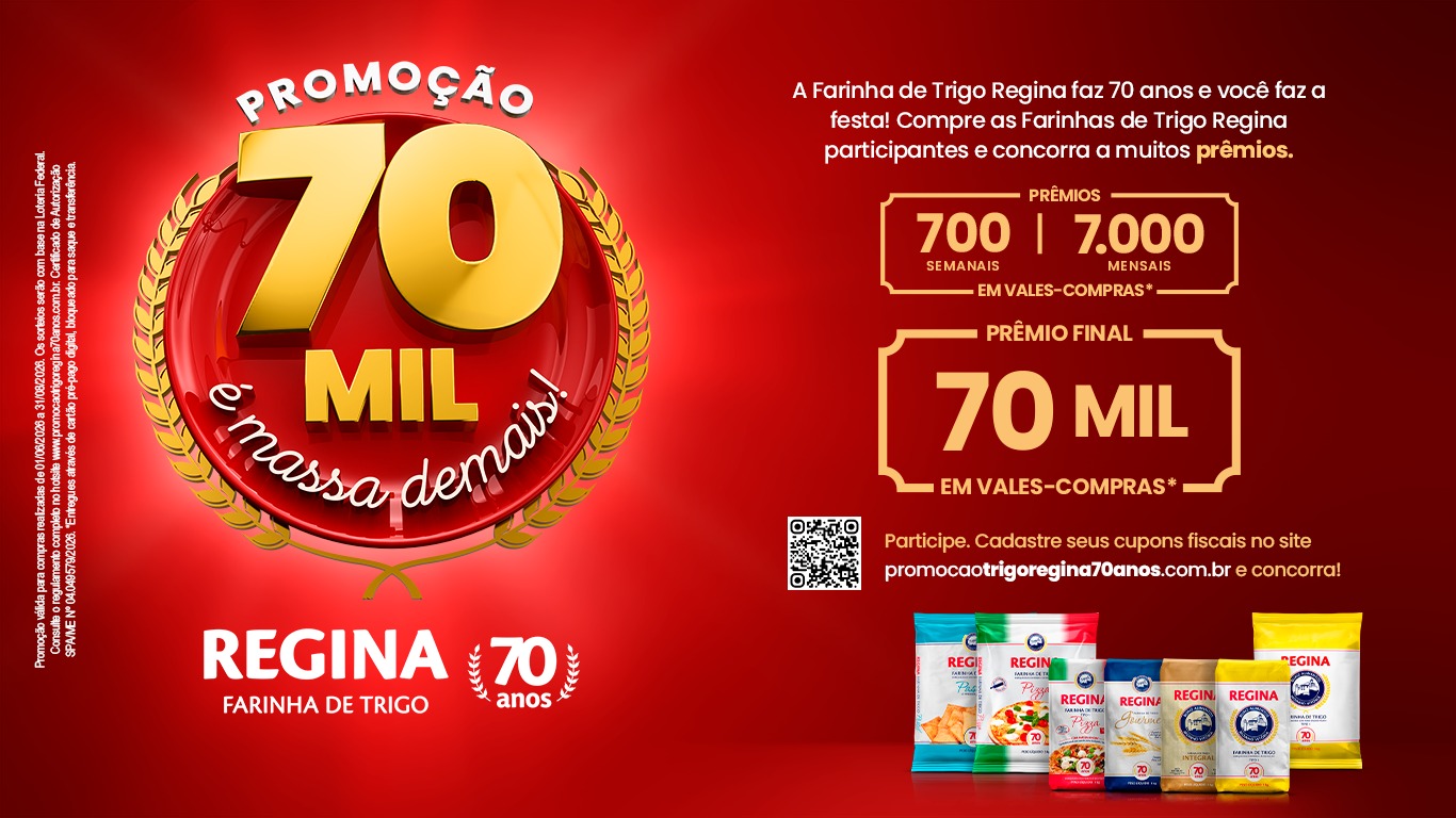 Participam da promoção as Farinhas de Trigo Regina de 1 kg (Tradicional, Gourmet, Pizza com massa madre e Integral) e a linha profissional de 5 kg (Tradicional, Pizza e Pastel).