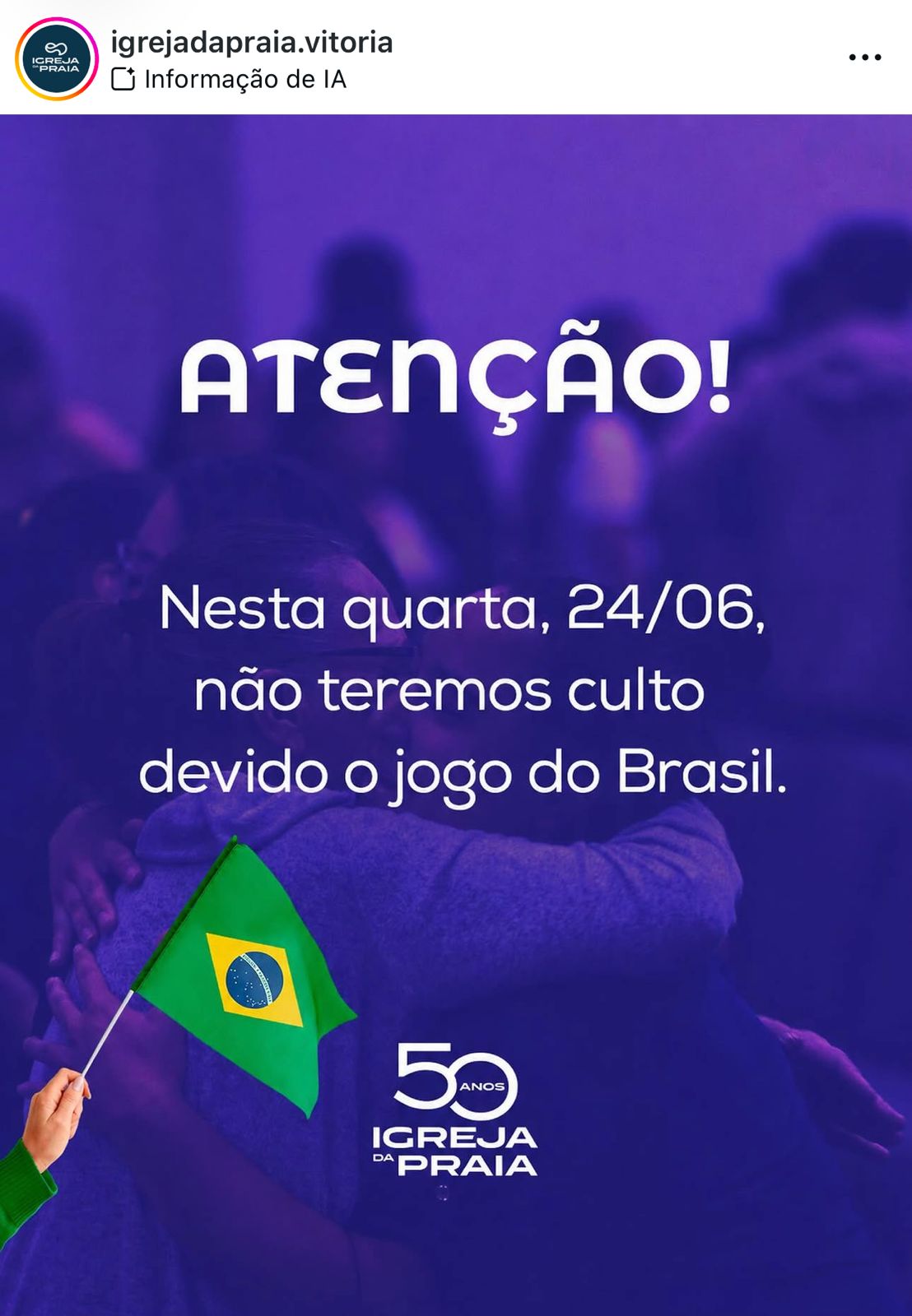Nas redes sociais da igreja, o aviso do cancelamento do culto