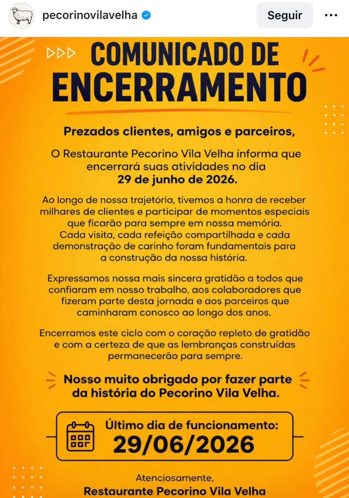 O comunicado de encerramento das atividades do Pecorino de Vila Velha