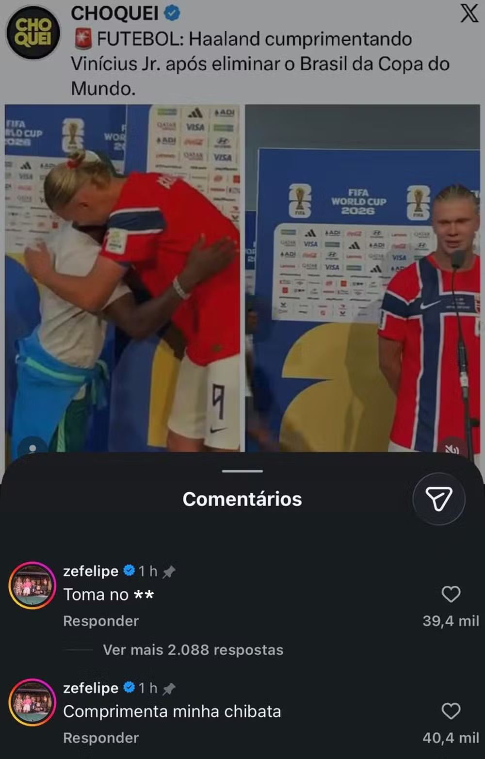 Zé Felipe alfineta Vini Jr. nas redes sociais após derrota do Brasil na Copa