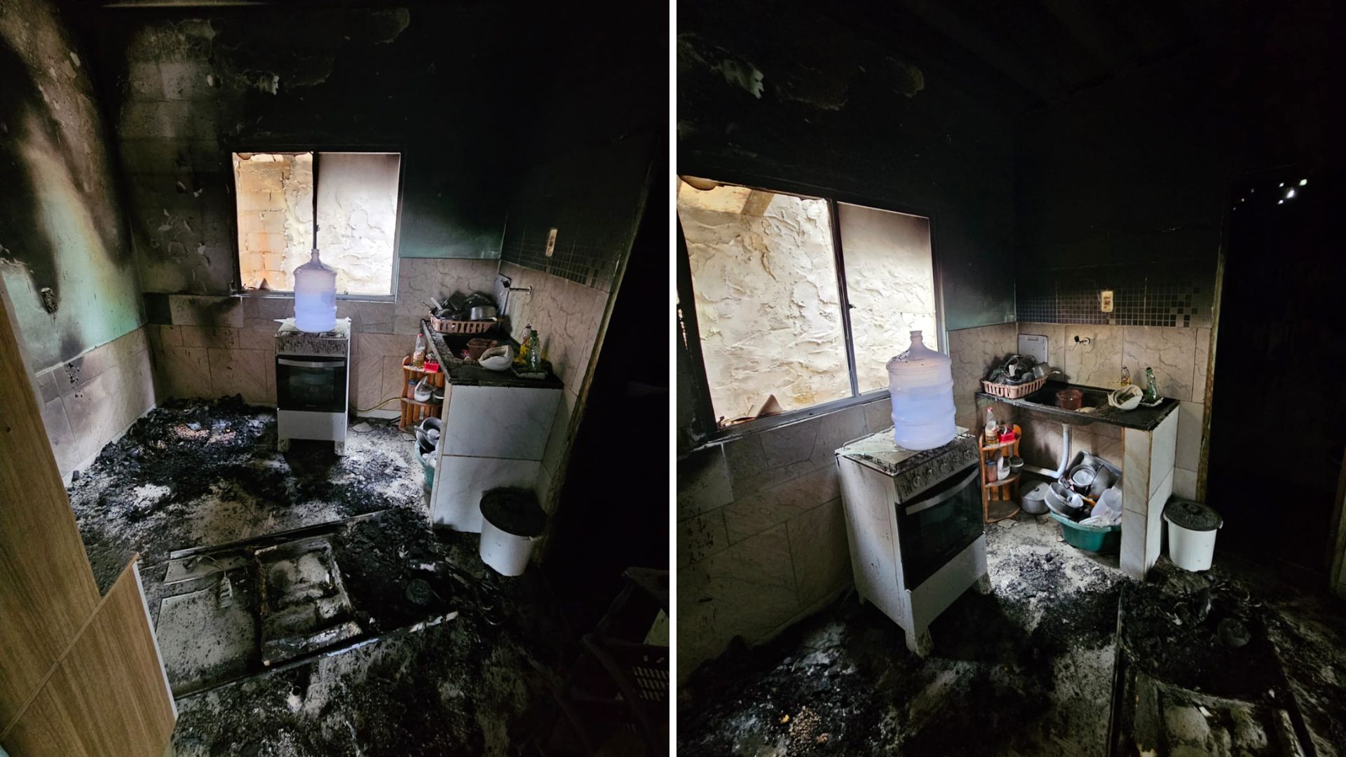 A moradora contou que o incêndio teria começado na área onde fica a geladeira da casa.