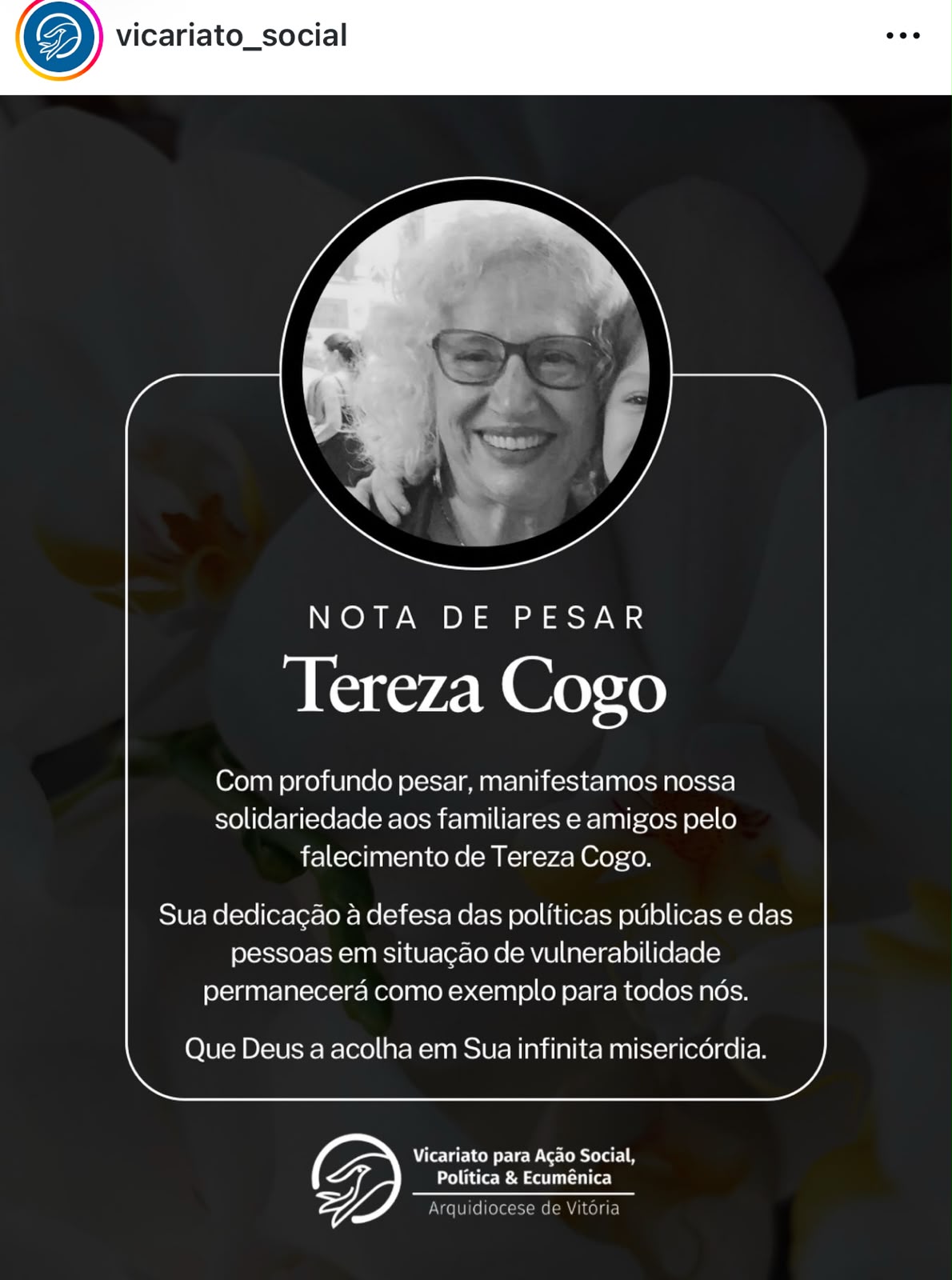 A nota de pesar do Vicariato para a Ação Social, Política e Ecumênica da Arquidiocese de Vitória
