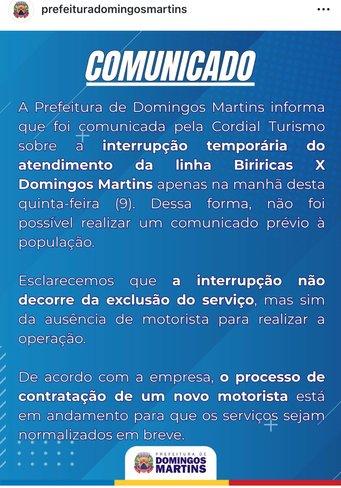 O comunicado da prefeitura sobre a suspensão da linha de ônibus Biriricas x Domingos Martins