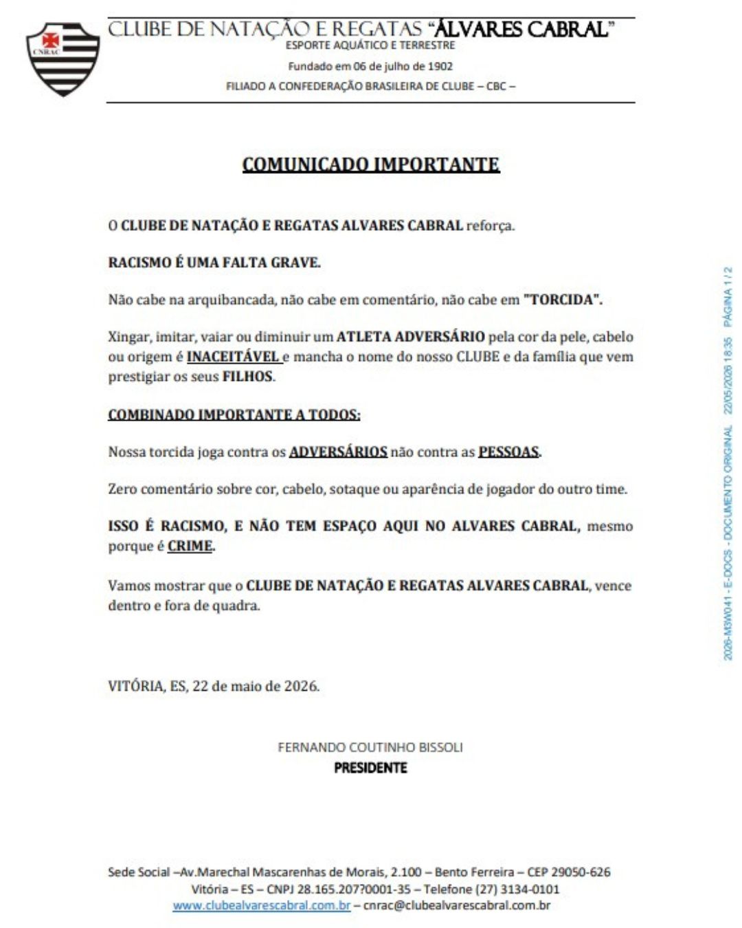 Nota oficial do Clube Álvares Cabral sobre o caso de injúria racial