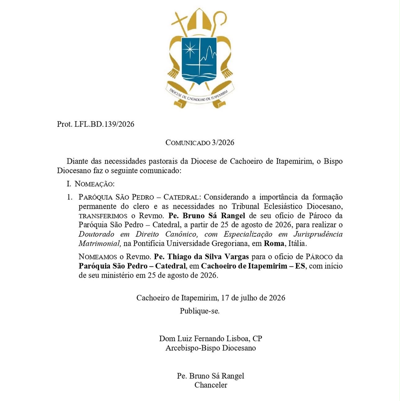 O comunicado de nomeação da Diocese de Cachoeiro