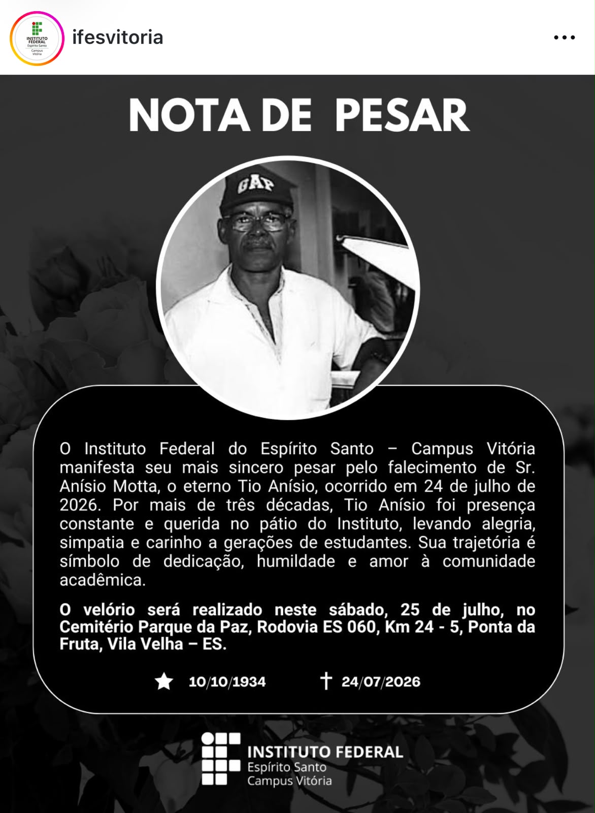 A nota de pesar do Ifes Vitória publicada nas redes sociais