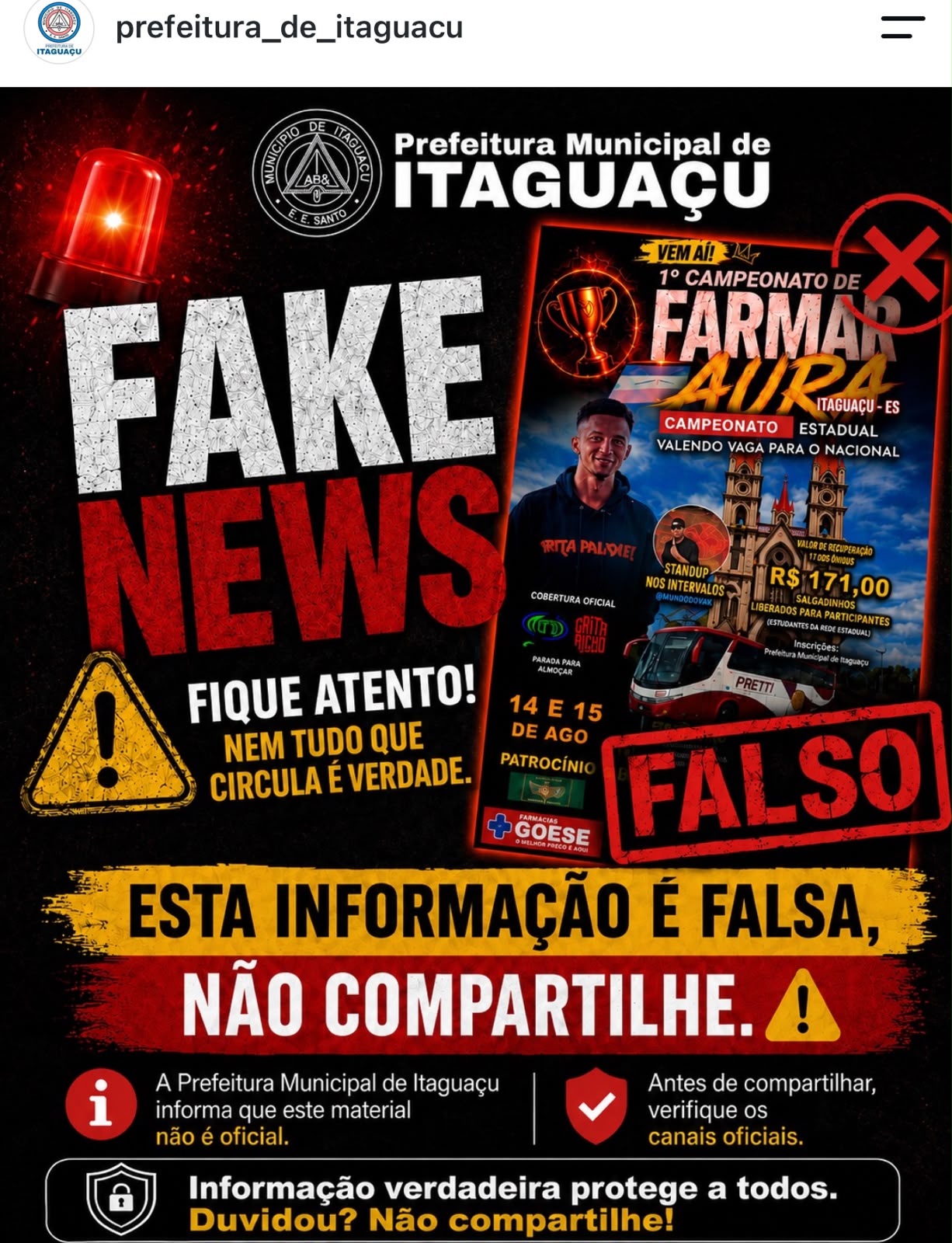 O alerta da Prefeitura de Itaguaçu denunciando a fake news