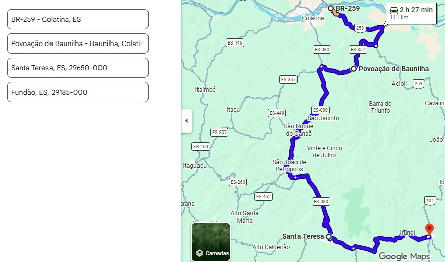 Mapa 01 | Rota alternativa após interdição da BR 259 em João Neiva
