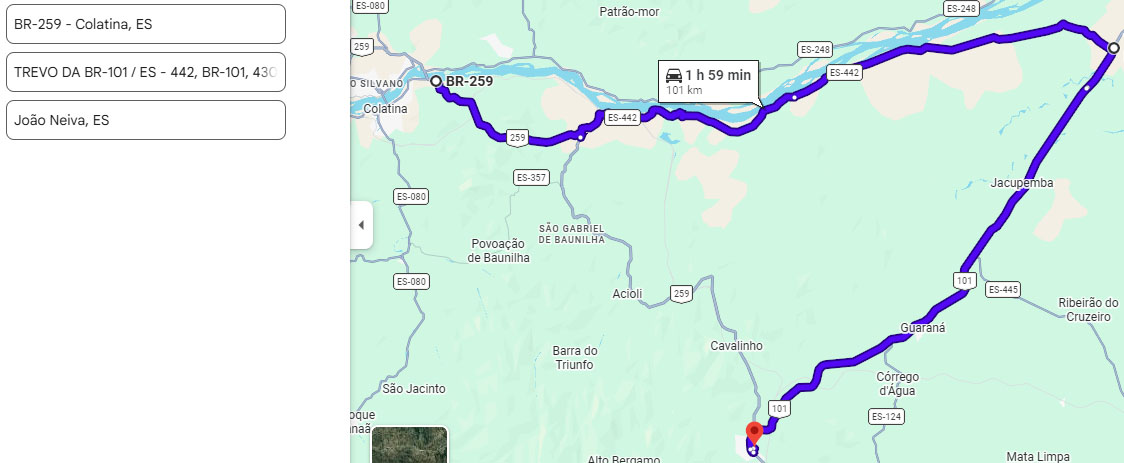 Mapa 02 | Rota alternativa após interdição da BR 259 em João Neiva