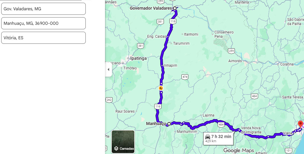 Mapa 05 | Rota alternativa após interdição da BR 259 em João Neiva