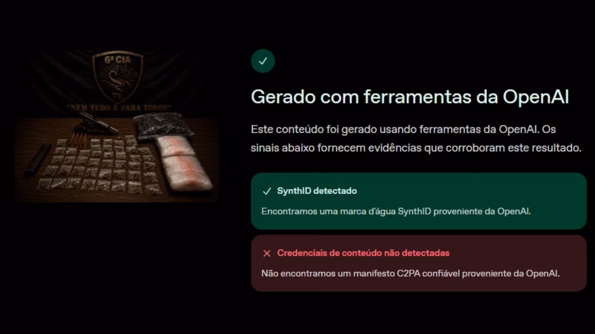 Ferramenta OpenAI Verify, da empresa criadora do ChatGPT, indicou a presença de SynthID em imagens divulgadas pela polícia no Espírito Santo