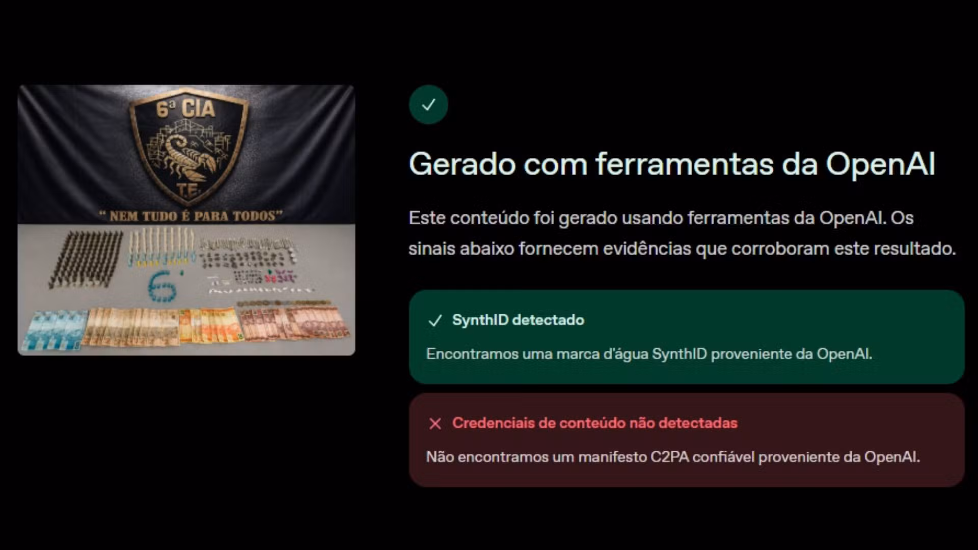Ferramenta OpenAI Verify, da empresa criadora do ChatGPT, indicou a presença de SynthID em imagens divulgadas pela polícia no Espírito Santo