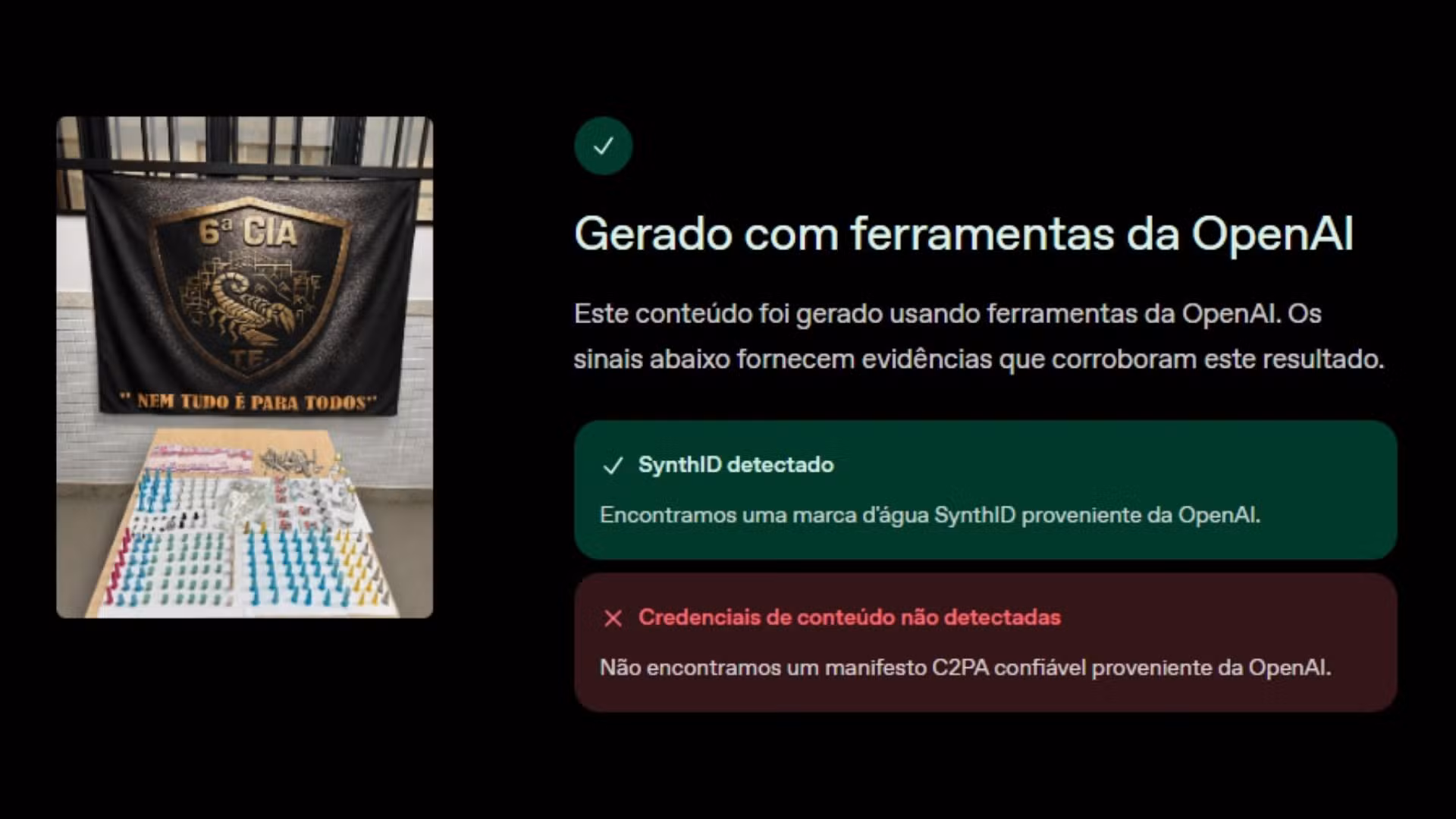 Ferramenta OpenAI Verify, da empresa criadora do ChatGPT, indicou a presença de SynthID em imagens divulgadas pela polícia no Espírito Santo