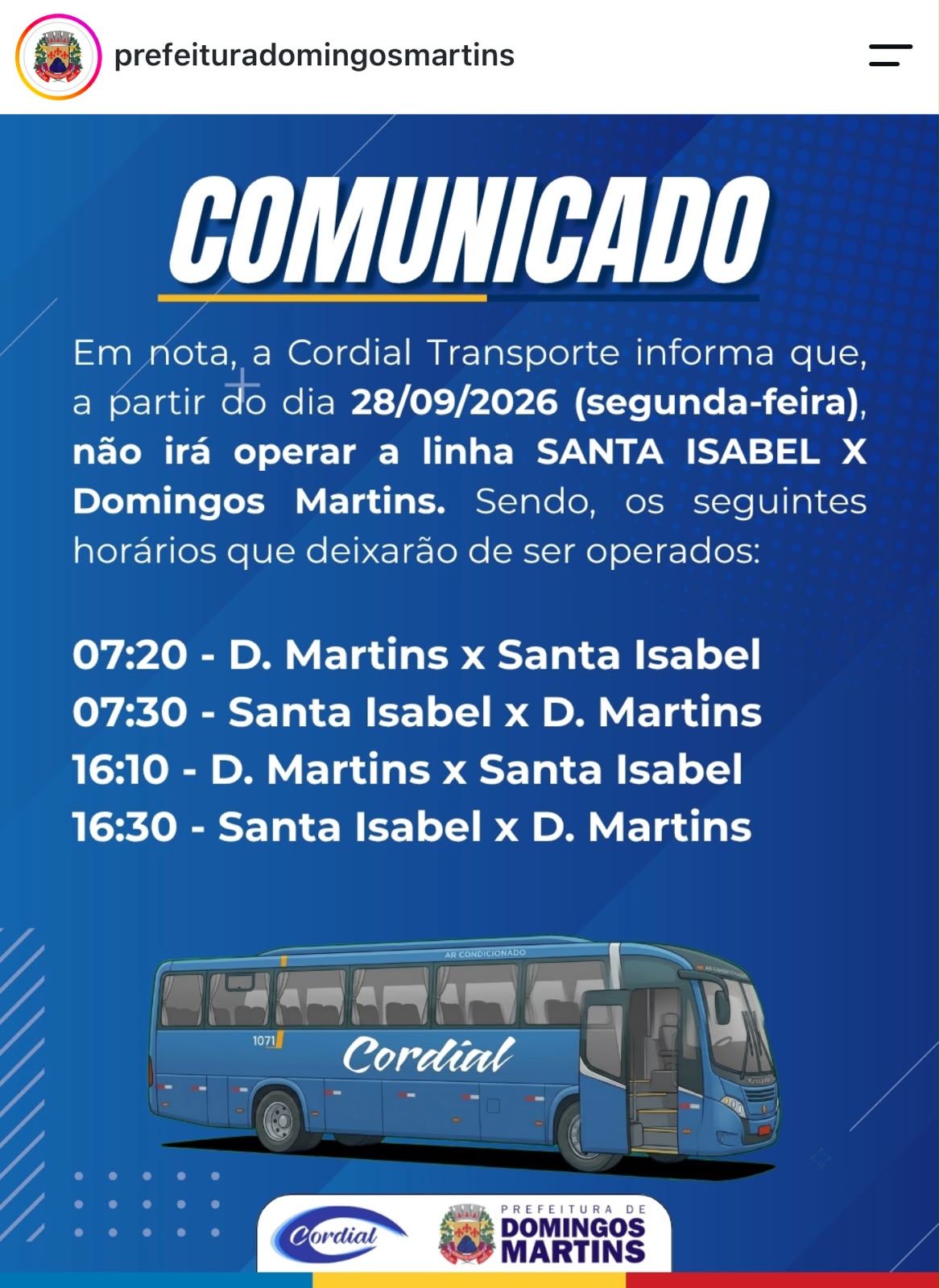 O comunicado da Prefeitura de Domingos Martins anunciando a paralisação da linha que liga a sede do município ao distrito de Santa Isabel