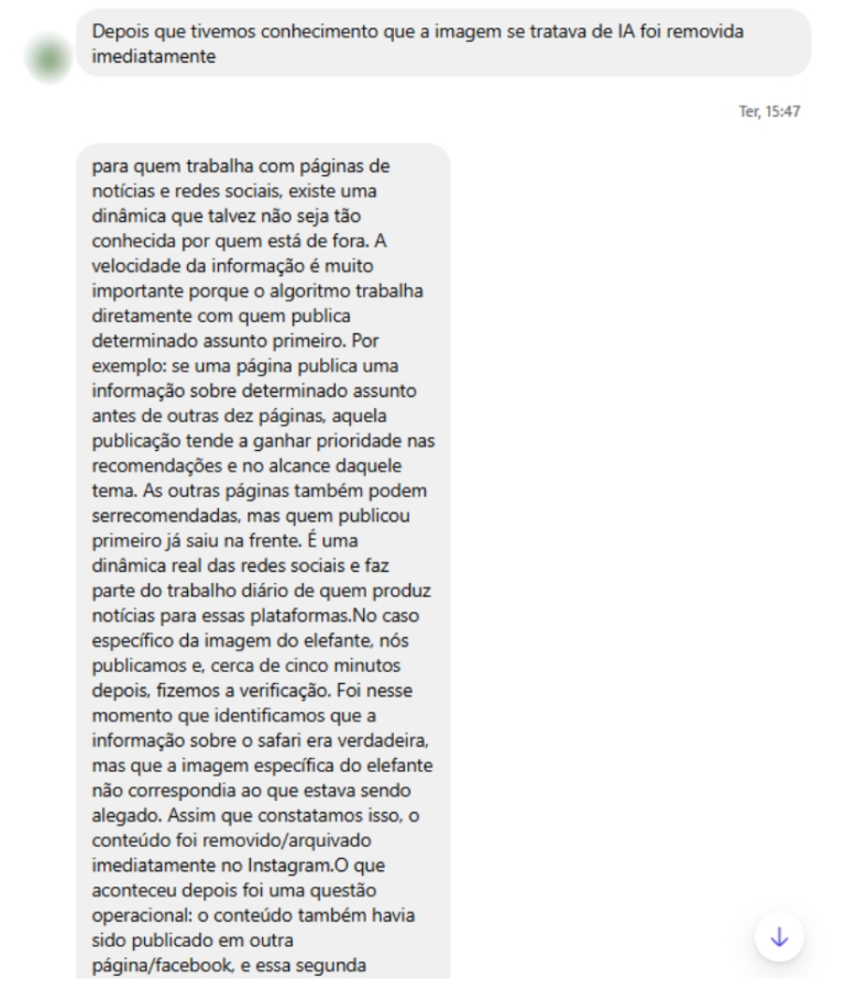 Resposta de um dos perfis que compartilhou a desinformação