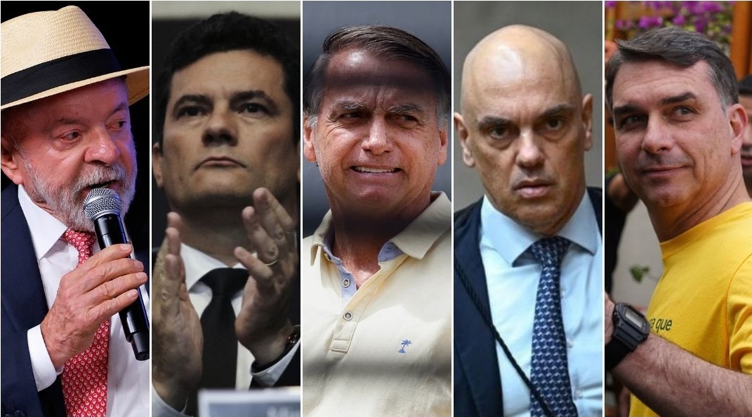 No sentido da leitura: Lula, Sergio Moro, Jair Bolsonaro, Alexandre de Moraes e Flávio Bolsonaro