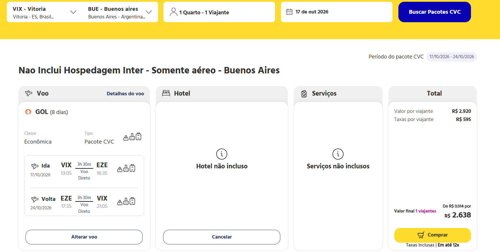 Combo com passagens de ida e volta para voo experimental entre Vitória e Buenos Aires