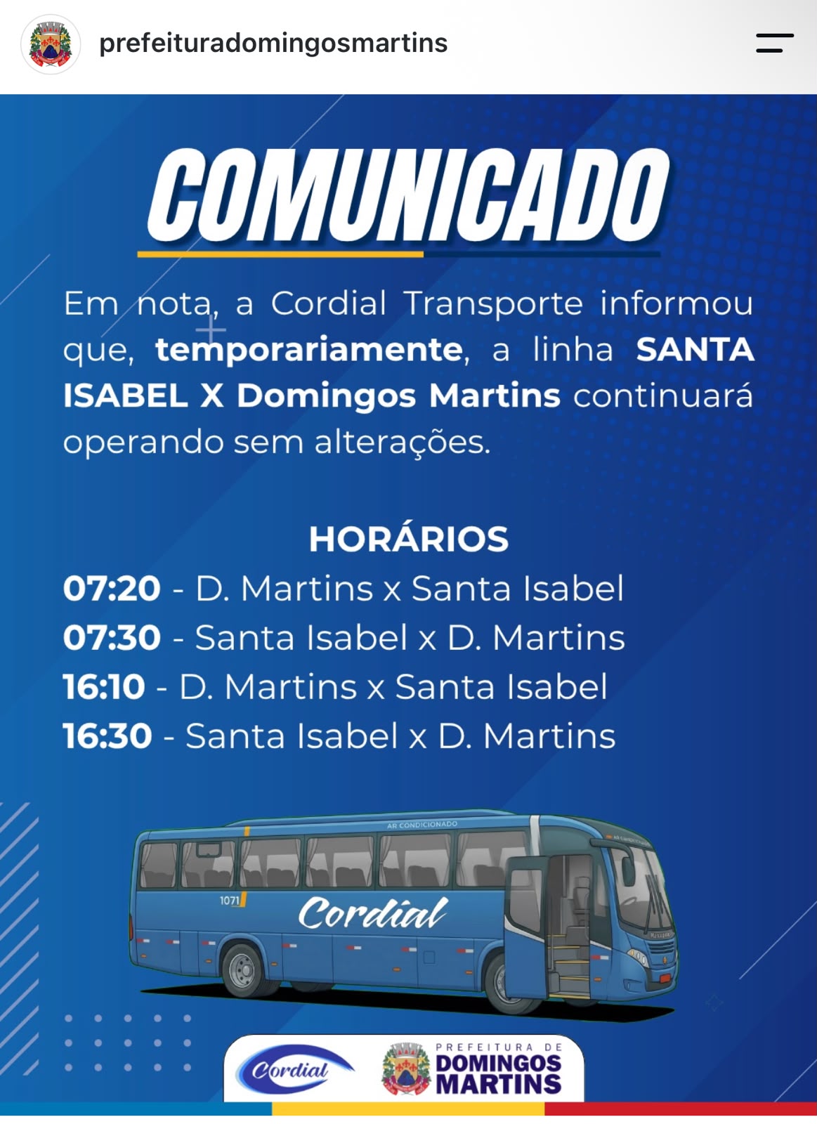 O novo comunicado da Prefeitura de Domingos Martins anunciando a manutenção (temporária) da linha