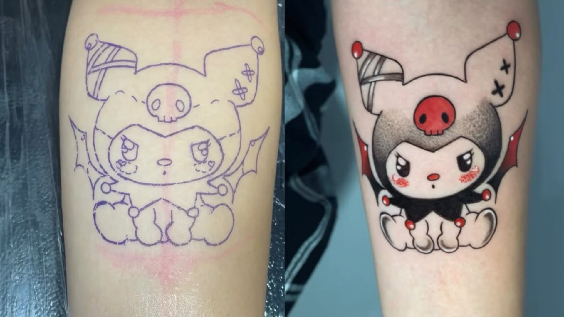 Comparação entre o desenho original feito à mão e a tatuagem finalizada da personagem Kuromi, da Sanrio.