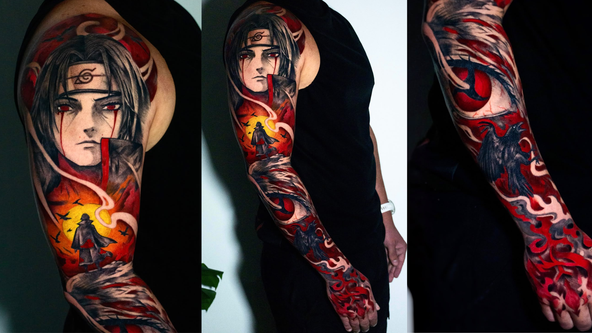 Tatuagem do personagem Itachi Uchiha, de Naruto, feita pelo tatuador Matheus Álvares no cliente Danilo.