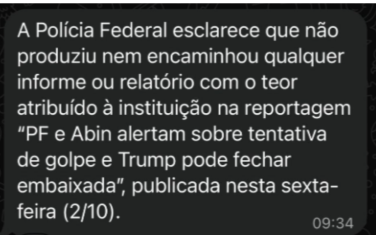 Captura de tela da resposta da PF para o Comprova