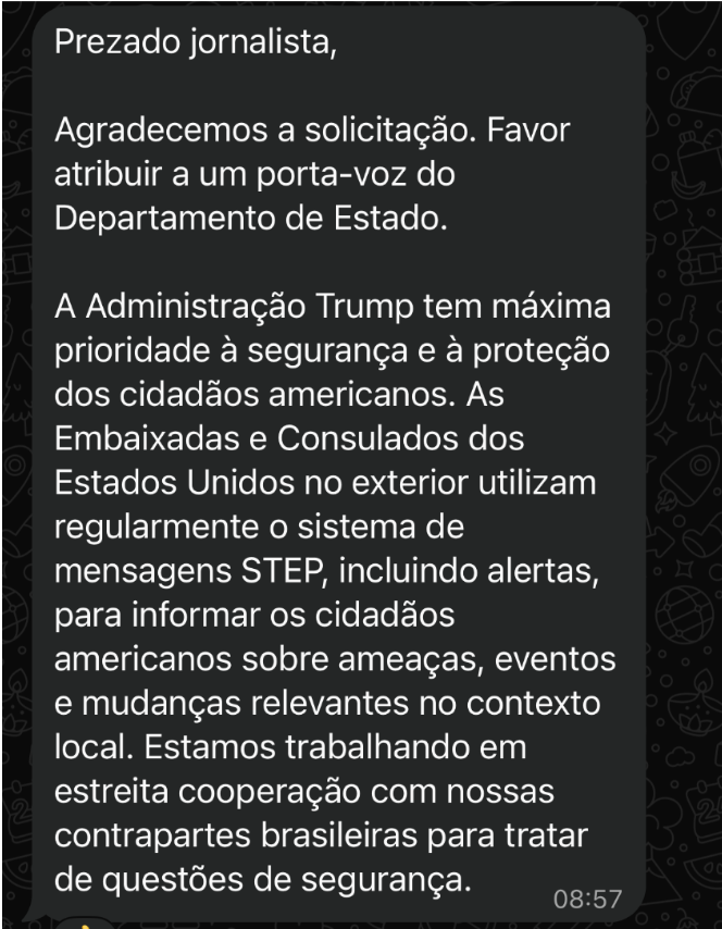 Captura de tela da resposta do Consulado para o Comprova