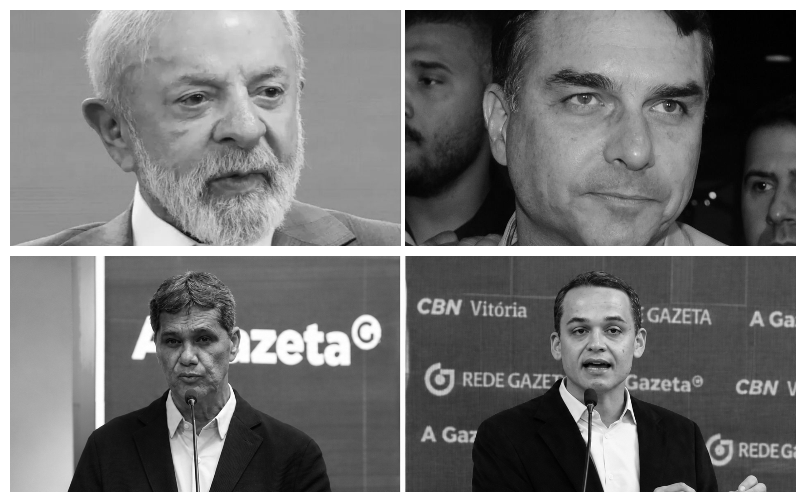 No topo, Lula e Flávio Bolsonaro. Embaixo, Ricardo Ferraço e Lorenzo Pazolini