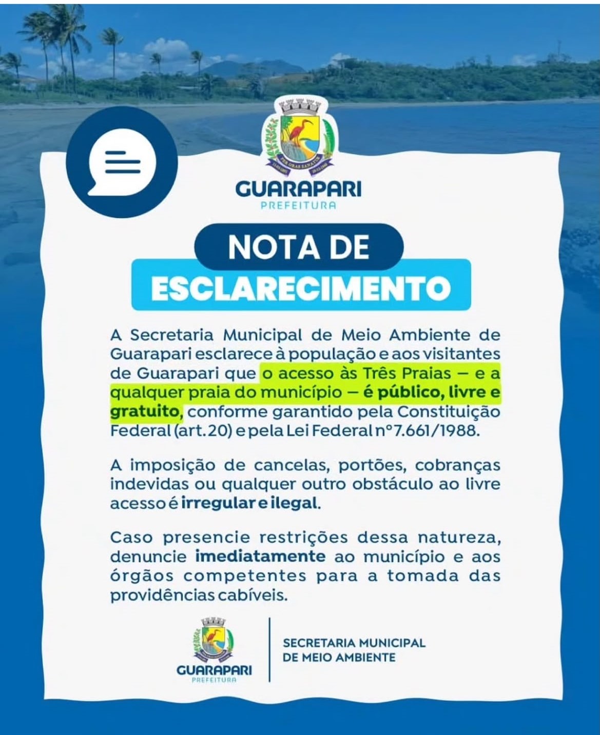 A nota de esclarecimento da Prefeitura de Guarapari