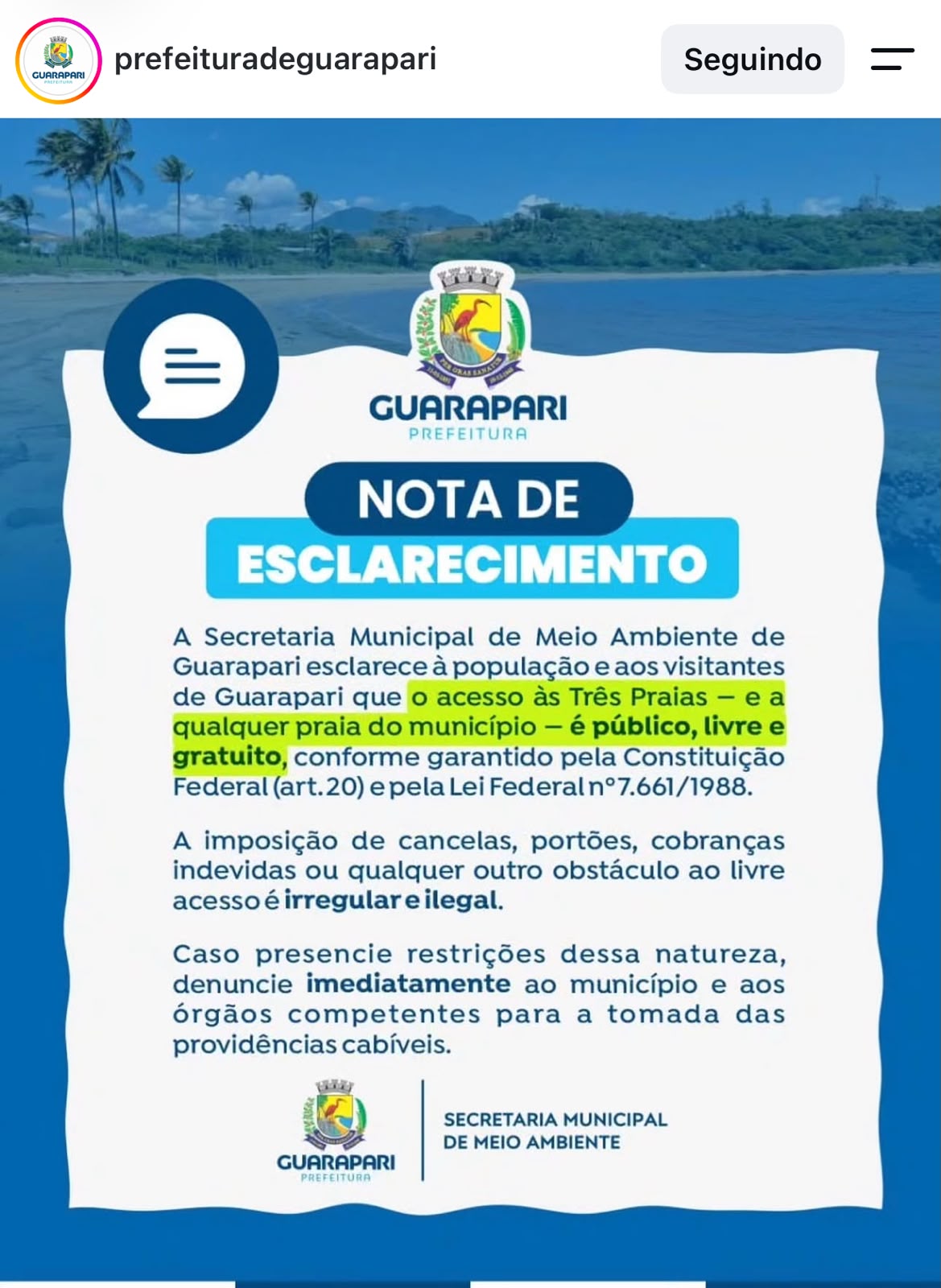 A nota de esclarecimento da Prefeitura de Guarapari sobre o acesso às Três Praias