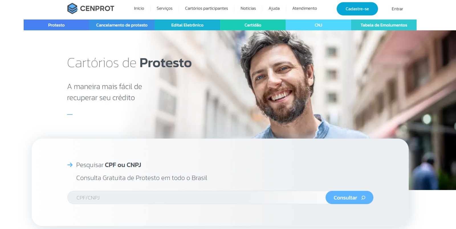 Página de consultas à Central Nacional do Protesto
