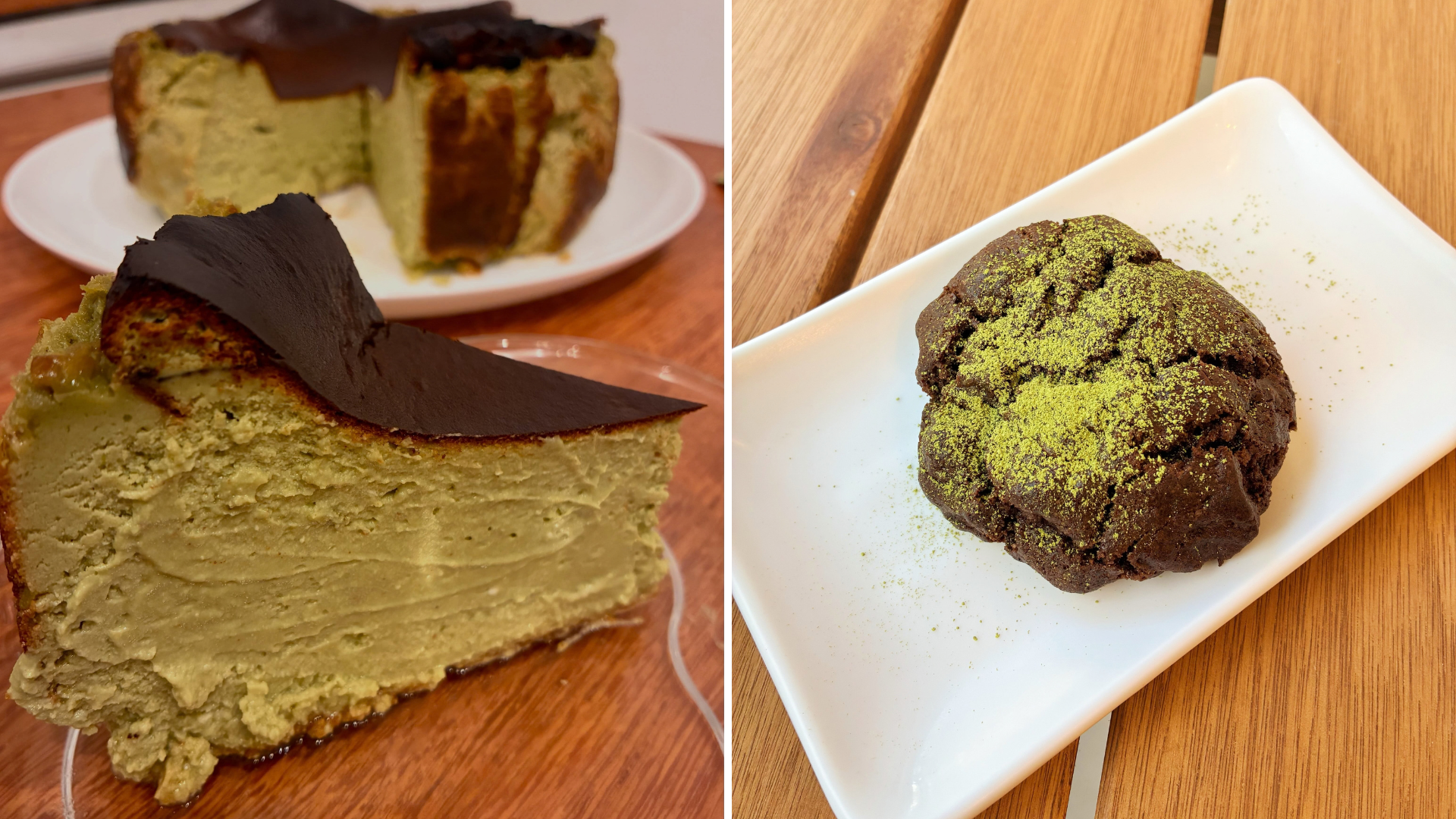 Basque Cheesecake de Matcha e o cookie de chocolate recheado com brigadeiro de matcha