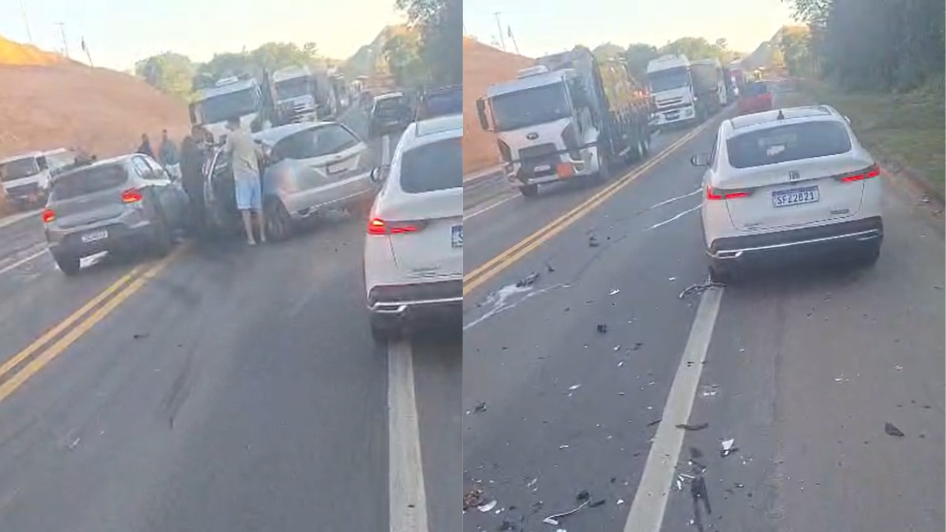 Acidente com três carros deixa quatro pessoas feridas na BR-101 em Fundão