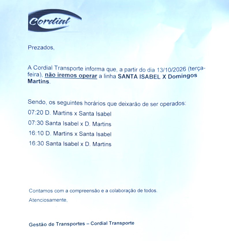 O comunicado da empresa anunciando o fim da linha Santa Isabel x Domingos Martins