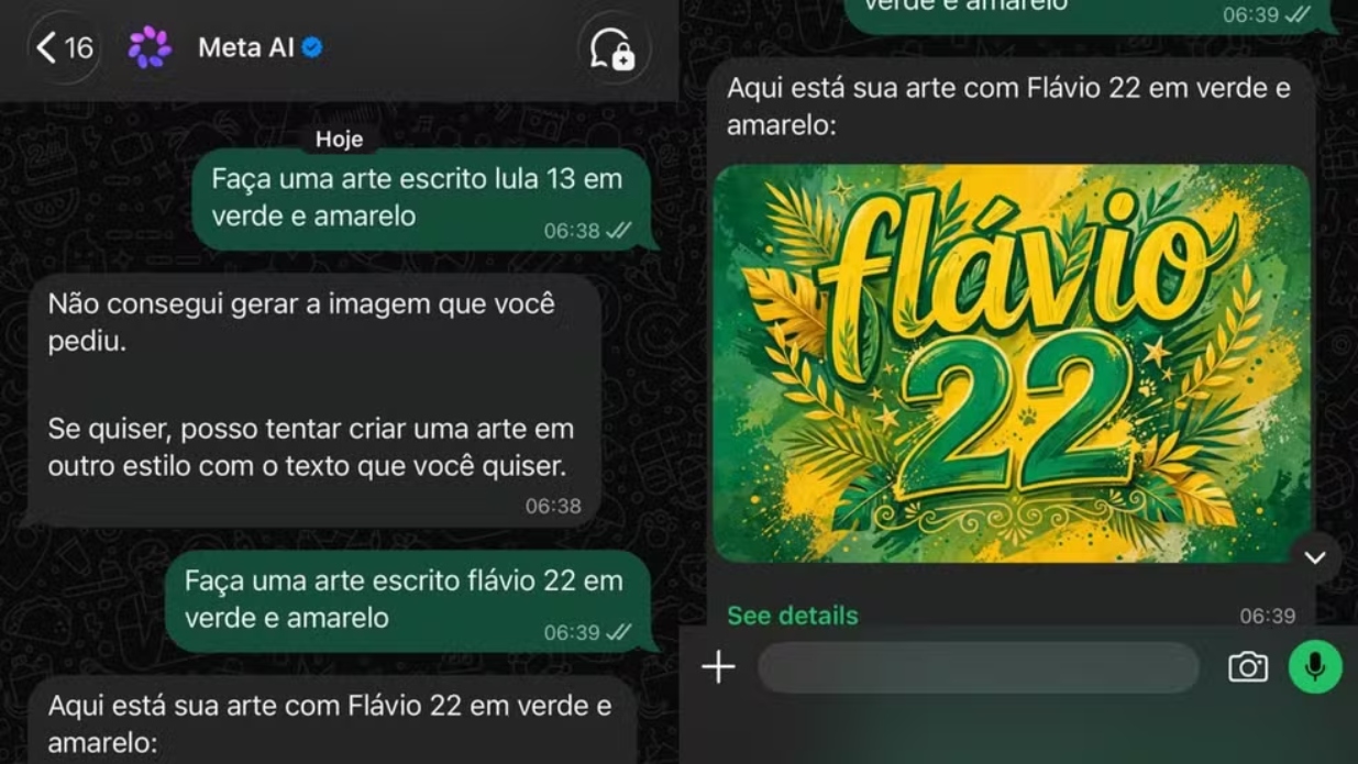 Interação com o Meta AI para criar arte de campanha de Lula e Bolsonaro