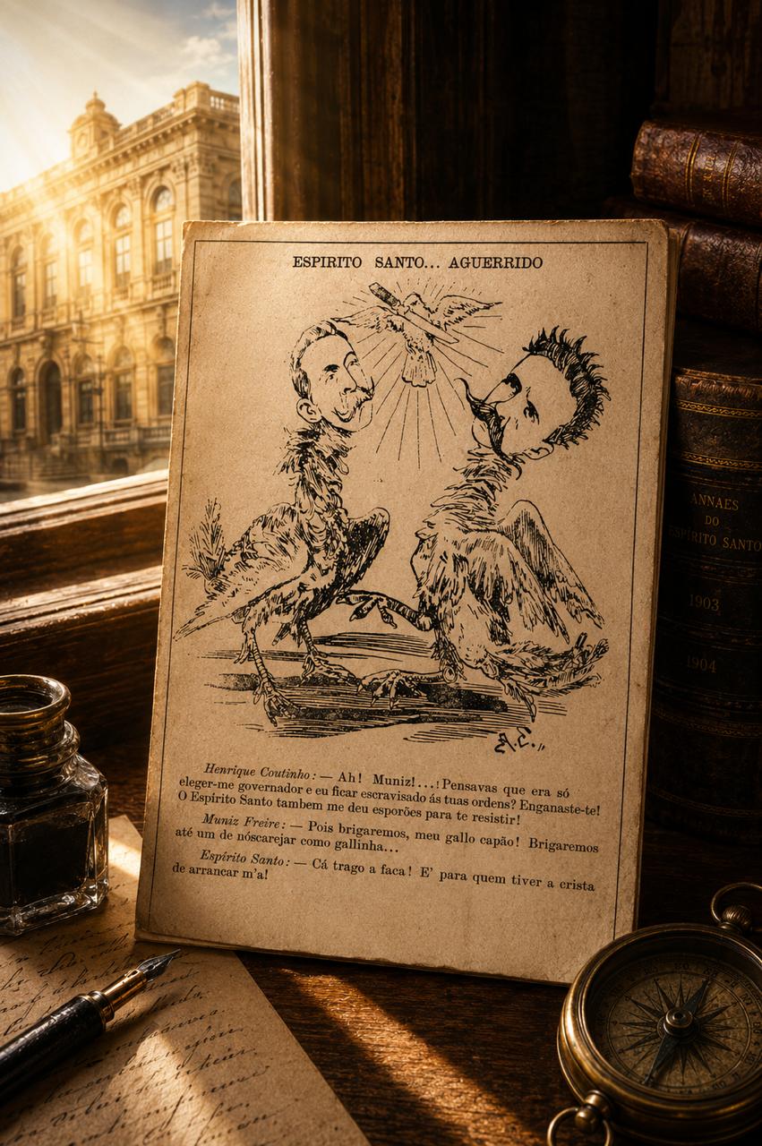 Charge publicada na revista O Malho, de 1905, ilustrando Coutinho e Muniz em uma rinha de galo