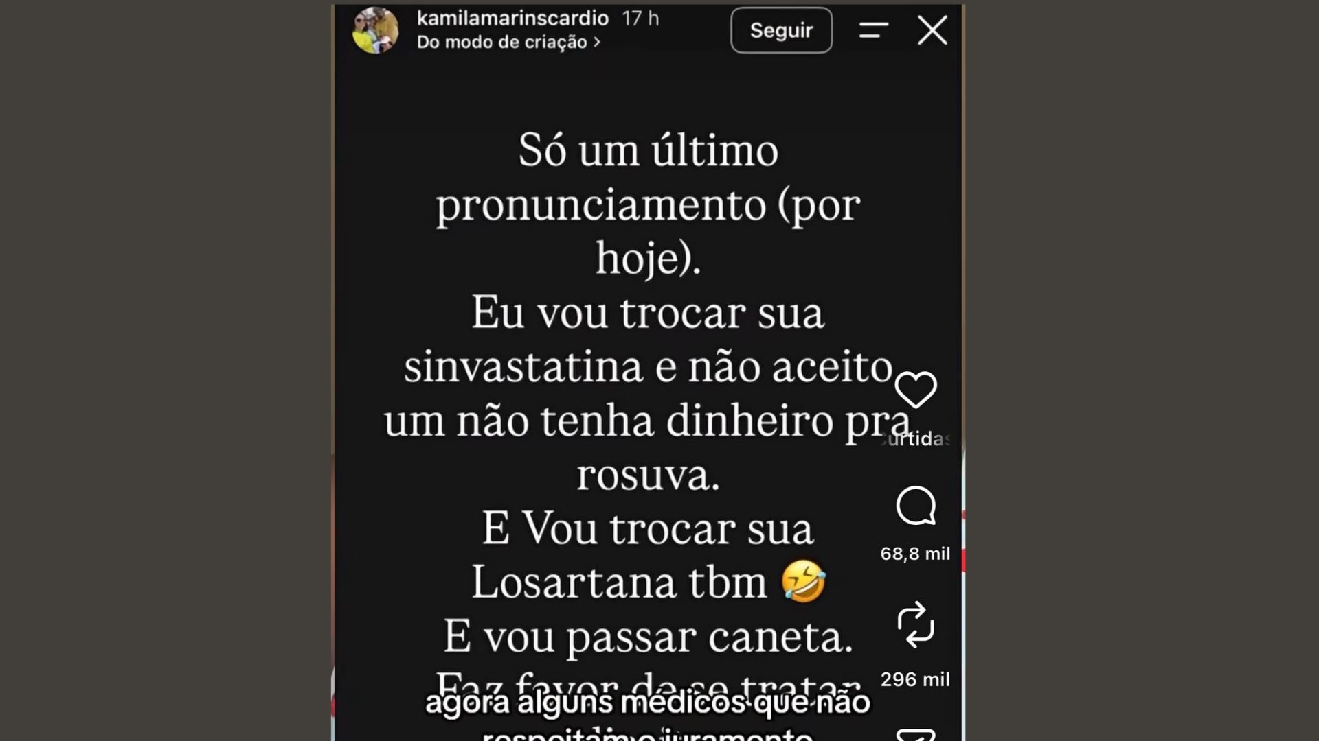 Print compartilhado com a declaração da cardiologista Kamila Marins