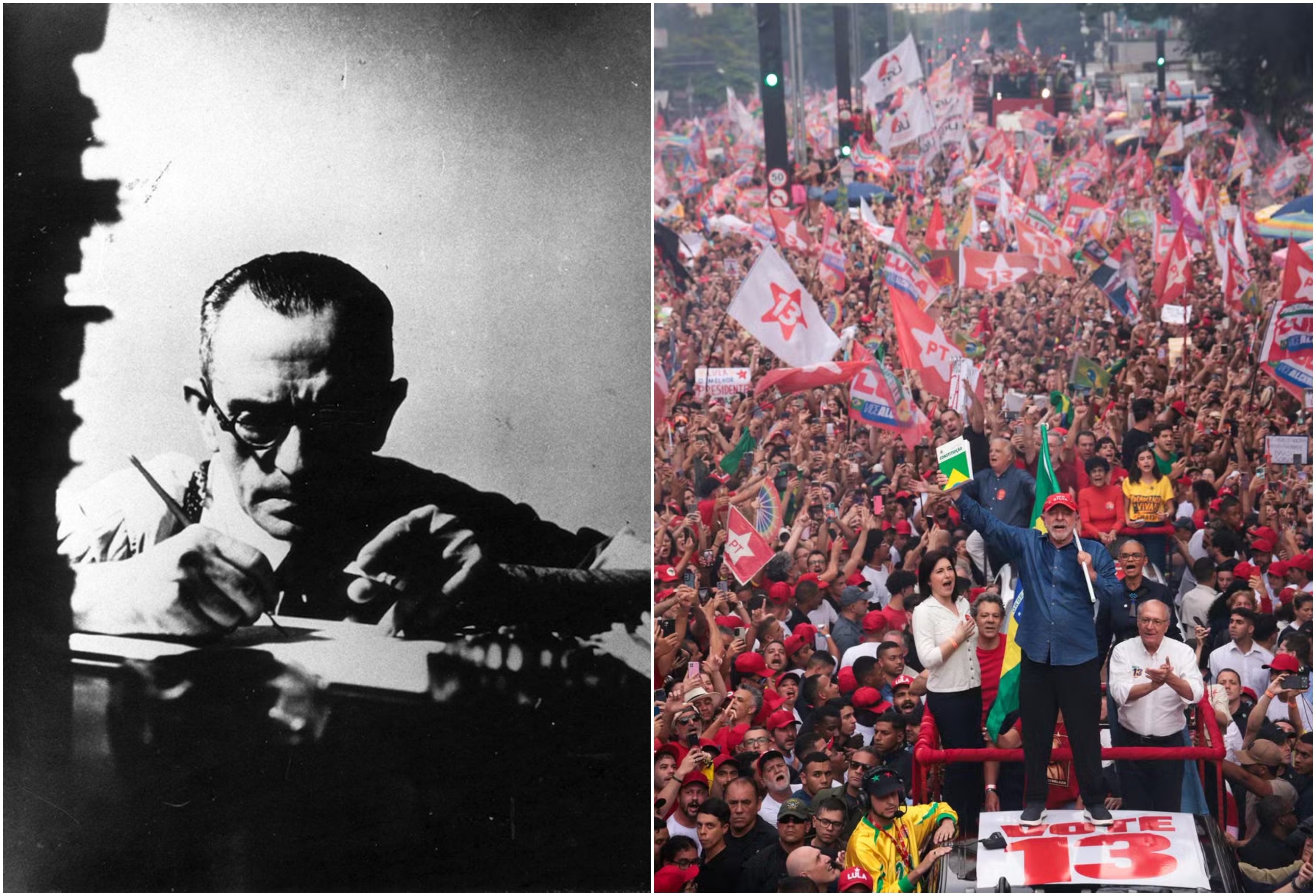 Graciliano escreve; Lula segura a Constituição e a bandeira do Brasil em ato na Paulista