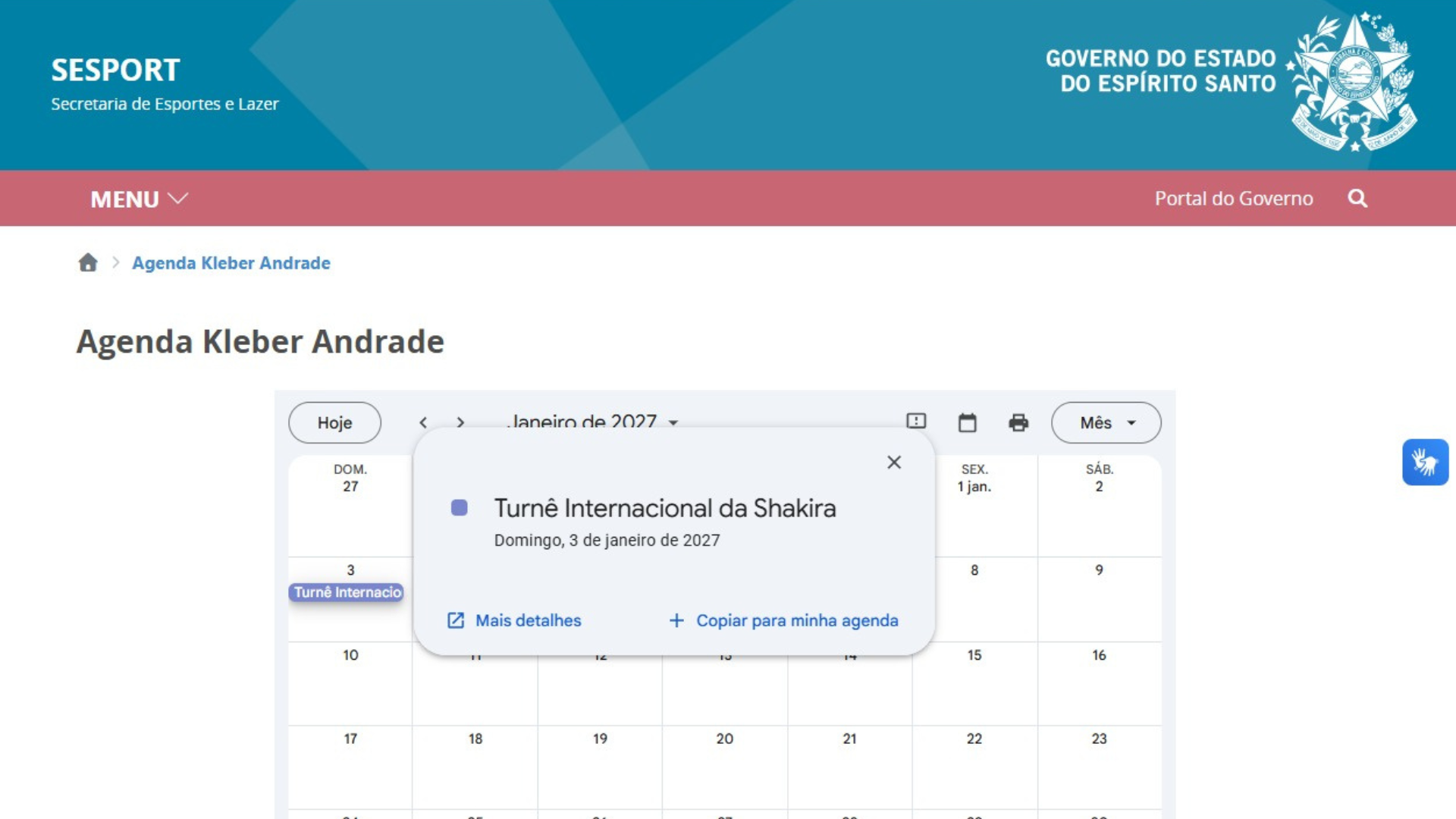 Show da Shakira estava na agenda oficial do Estádio Kleber Andrade, no site da Sesport