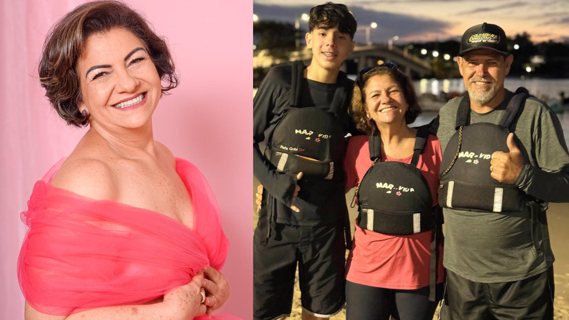 Ana em ensaio fotográfico do Outubro Rosa e acompanhada da família em manhã de treino.