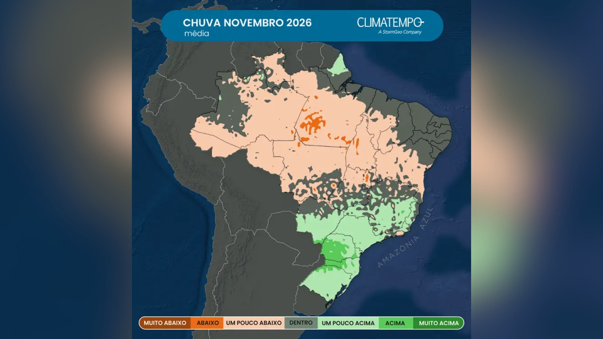 Mapa mostra a tendência de chuvas para o mês de novembro de 2026 em todo o Brasil