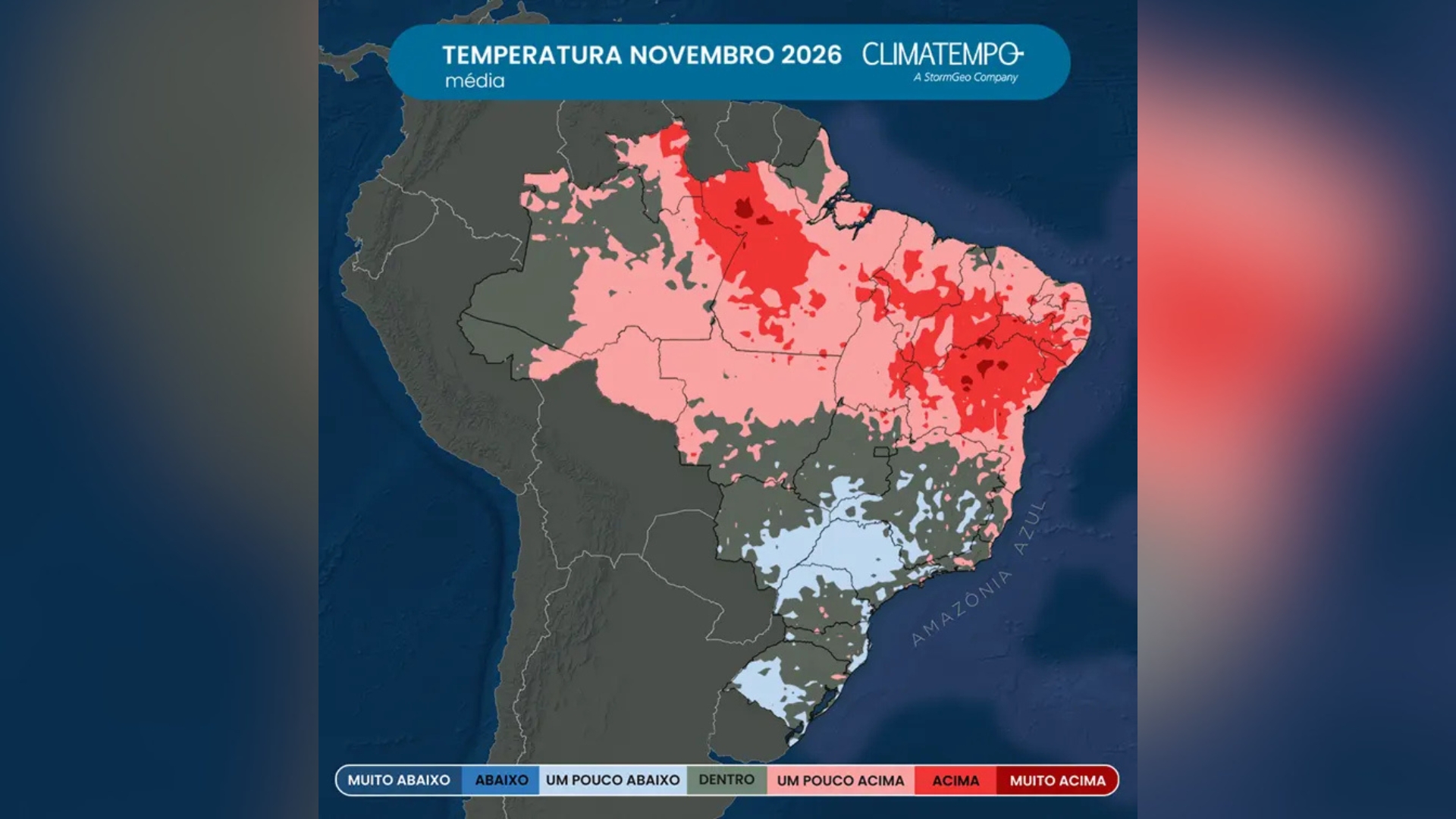 Mapa mostra a tendência de temperatura para o mês de novembro de 2026 em todo o Brasil